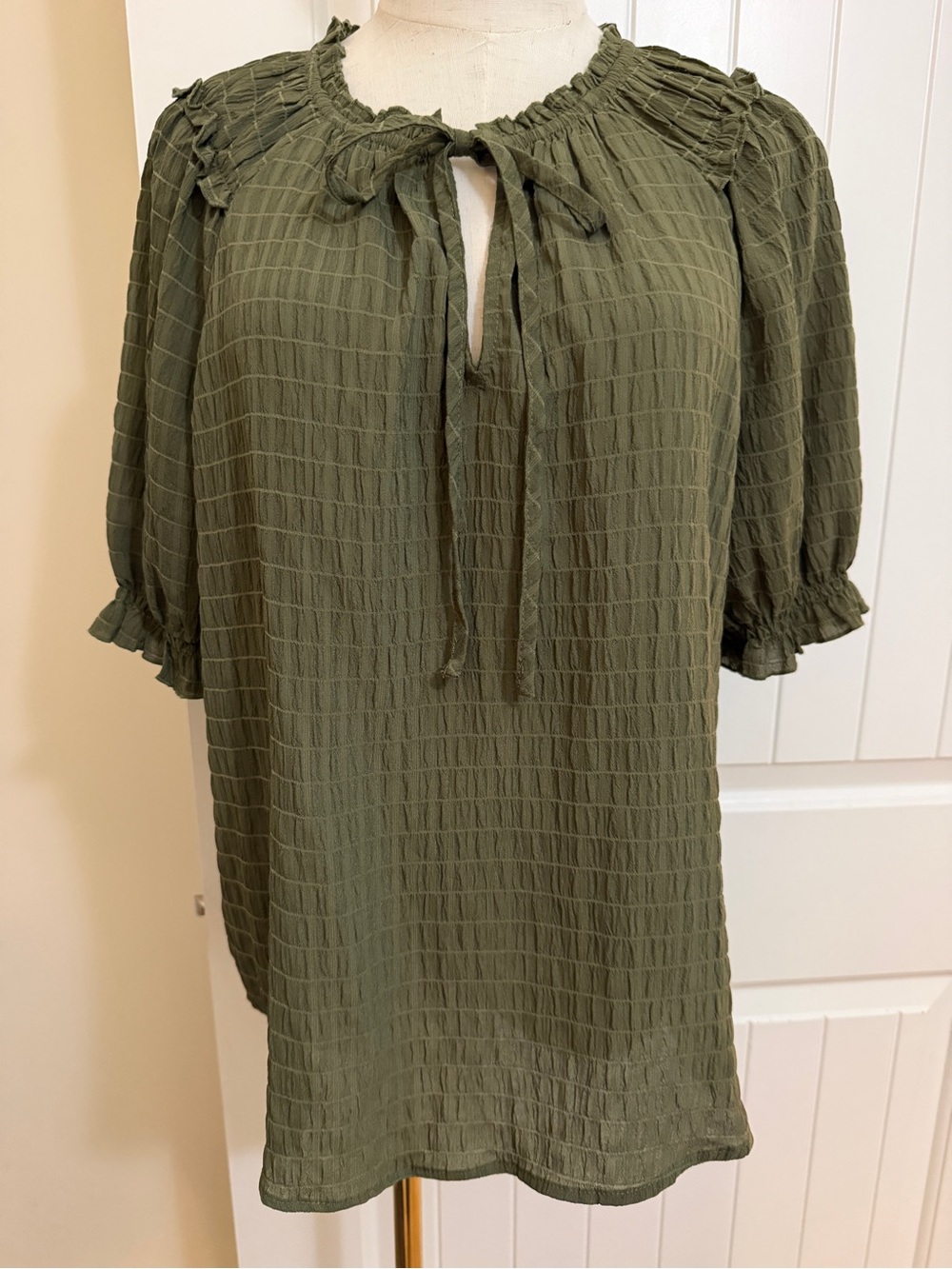 Olive Tie-Neck Peasant Blouse
